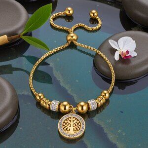 🆕️Elegant 18K Gold Plated Tree of Life Charm Rhinestones Adjustable Bracelet